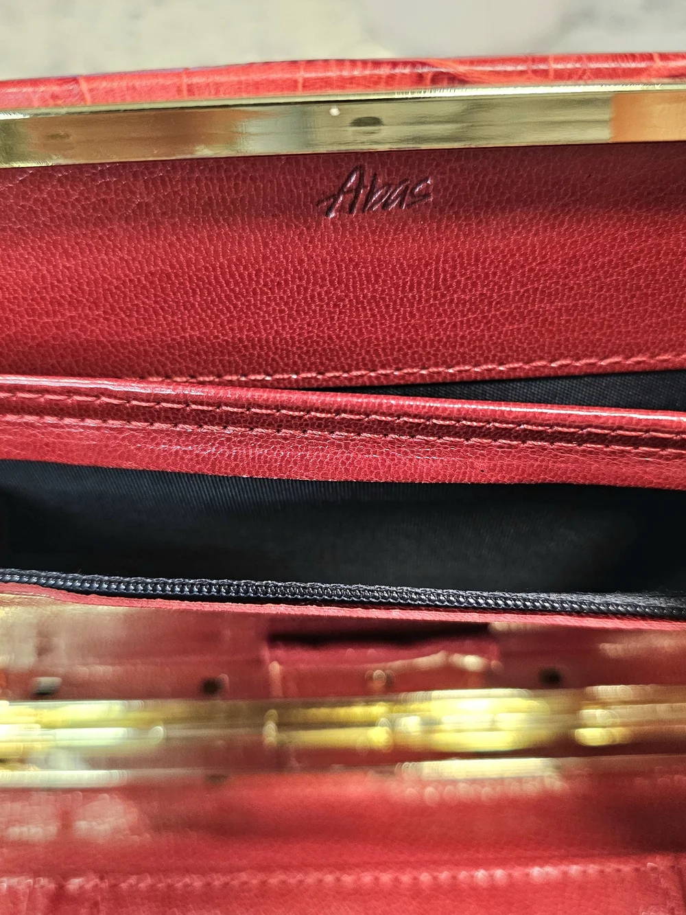 Vintage Red ABAS Genuine Leather Wallet Croc Embossed Frame Clutch Organizer